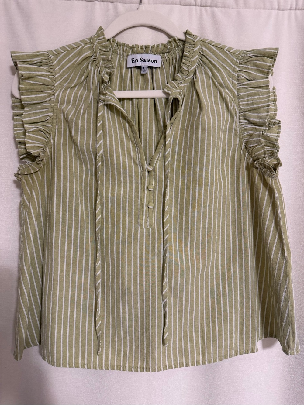 En Saison Olive Stripe Ruffle-Sleeve Tie Blouse